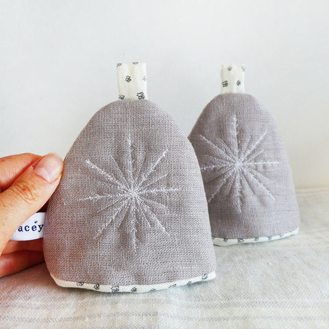 Pair of Embroidered Snowflake Linen Egg Cosies