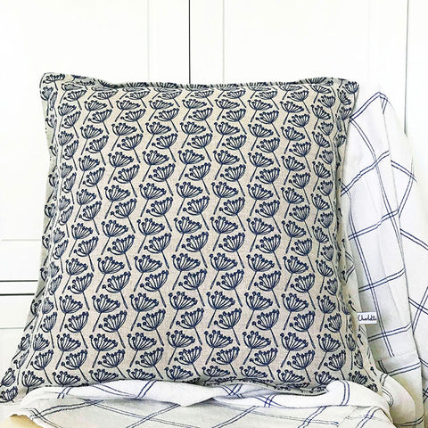 Navy Cow Parsley Linen Cushion
