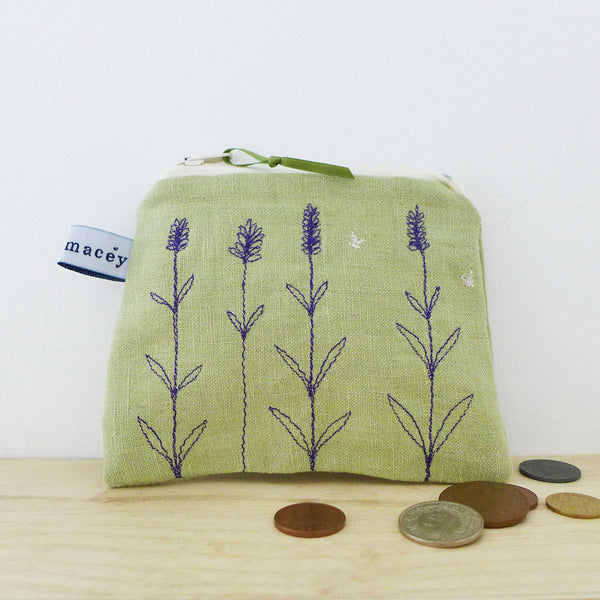 EMBROIDERED LINEN PURSE - green lavender