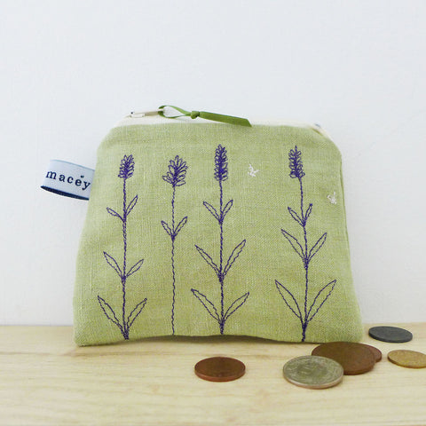 EMBROIDERED LINEN PURSE - green lavender