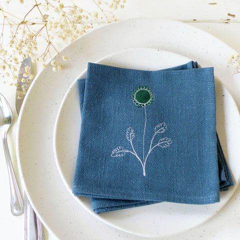 Embroidered Blue Daisy Cocktail Napkins