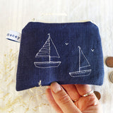 Embroidered Boats Ink Linen Purse