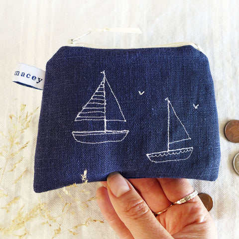 Embroidered Boats Ink Linen Purse