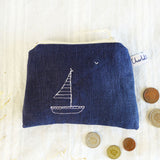 Embroidered Boats Ink Linen Purse