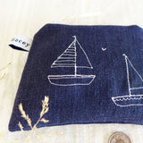 Embroidered Boats Ink Linen Purse