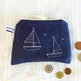 Embroidered Boats Ink Linen Purse