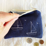 Embroidered Boats Ink Linen Purse