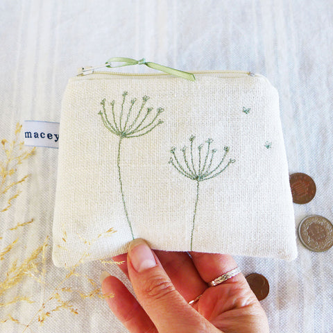 Embroidered Cow Parsley Linen Purse