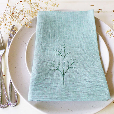 Embroidered Duck Egg Linen Leaves Napkins