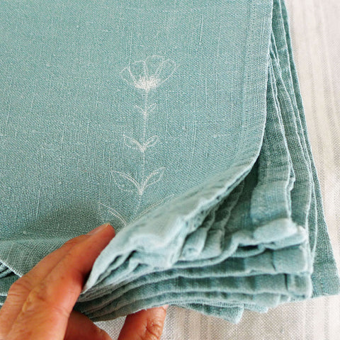 Embroidered Floral Teal Linen Napkins