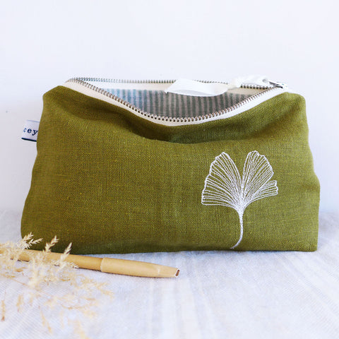 Embroidered Ginkgo Leaf Olive Linen Mid Pouch