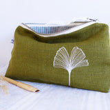 Embroidered Ginkgo Leaf Olive Linen Mid Pouch