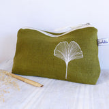 Embroidered Ginkgo Leaf Olive Linen Mid Pouch