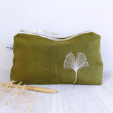 Embroidered Ginkgo Leaf Olive Linen Mid Pouch