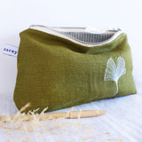 Embroidered Ginkgo Leaf Olive Linen Mid Pouch