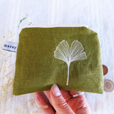 Embroidered Ginkgo Leaf Olive Linen Purse