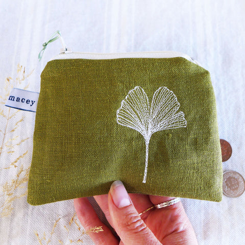 Embroidered Ginkgo Leaf Olive Linen Purse