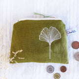 Embroidered Ginkgo Leaf Olive Linen Purse