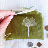 Embroidered Ginkgo Leaf Olive Linen Purse