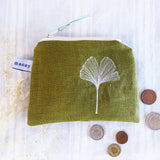 Embroidered Ginkgo Leaf Olive Linen Purse