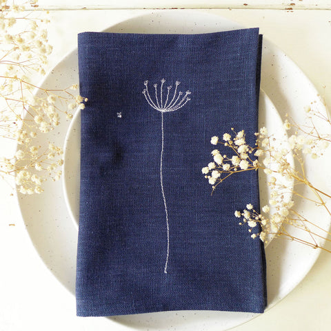 Embroidered Ink Linen Cow Parsley Napkins