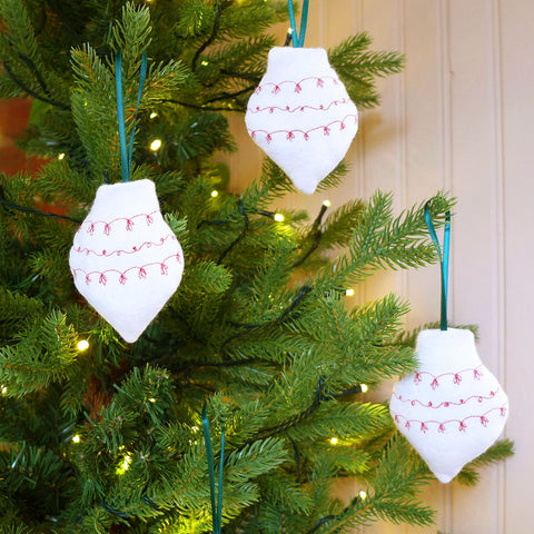 Set of 3 Embroidered Ivory Bauble Tree Decorations