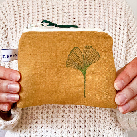 EMBROIDERED LINEN PURSE - marmalade ginkgo leaf