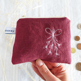 Embroidered Mistletoe Berry Linen Purse