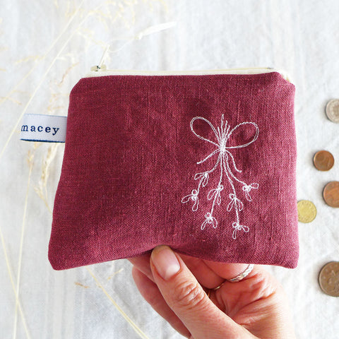 Embroidered Mistletoe Berry Linen Purse