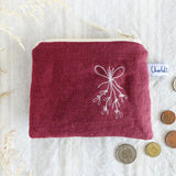 Embroidered Mistletoe Berry Linen Purse
