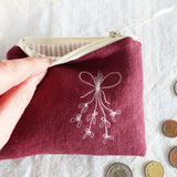 Embroidered Mistletoe Berry Linen Purse