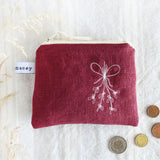 Embroidered Mistletoe Berry Linen Purse
