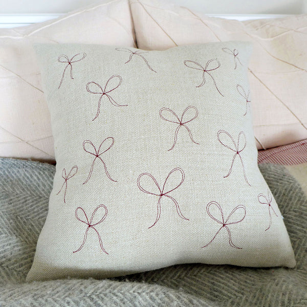 Embroidered Natural Linen Bows Cushion