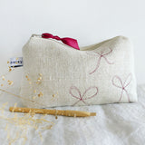 Embroidered Natural Linen Bows Mid Pouch