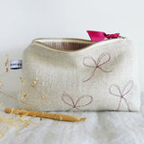 Embroidered Natural Linen Bows Mid Pouch