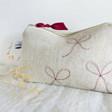 Embroidered Natural Linen Bows Mid Pouch