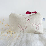 Embroidered Natural Linen Bows Mid Pouch