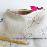 Embroidered Natural Linen Bows Mid Pouch