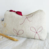 Embroidered Natural Linen Bows Mid Pouch