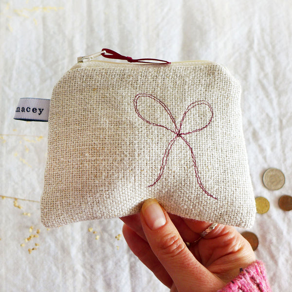 Embroidered Natural Linen Bows Purse