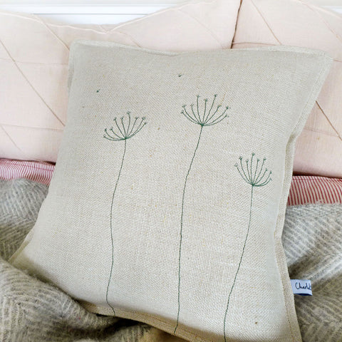 Embroidered Natural Linen Cow Parsley Cushion