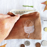 Embroidered Nutmeg Linen Acorn Purse
