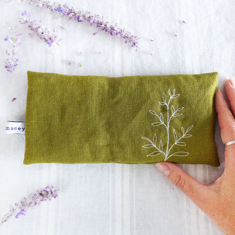 Embroidered Olive Linen Leaves Lavender Eye Pillow