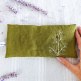 Embroidered Olive Linen Leaves Lavender Eye Pillow
