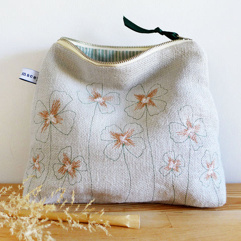 Embroidered Oxalis Dove Grey Linen Tall Pouch