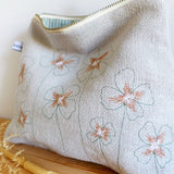 Embroidered Oxalis Dove Grey Linen Tall Pouch