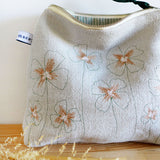 Embroidered Oxalis Dove Grey Linen Tall Pouch