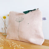 EMBROIDERED LINEN TALL POUCH - blush pink Wildflowers