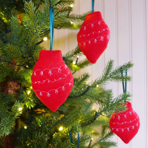 Set of 3 Embroidered Red Bauble Tree Decorations