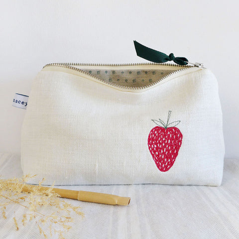 Embroidered Strawberries Ivory Linen Mid Pouch